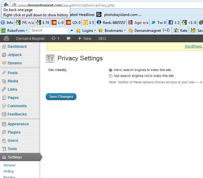 Where to find privacy settings prior to WordPress 3.5