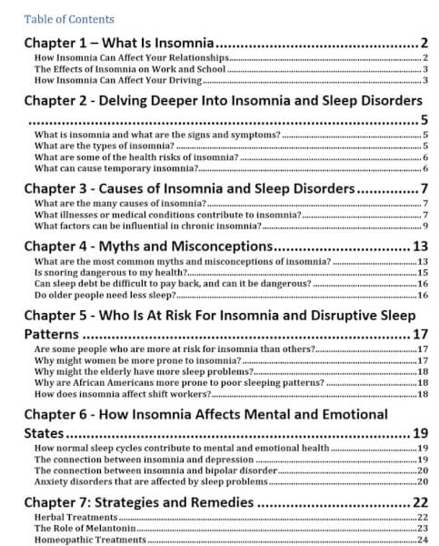 Sleep PLR eBook Table of Contents