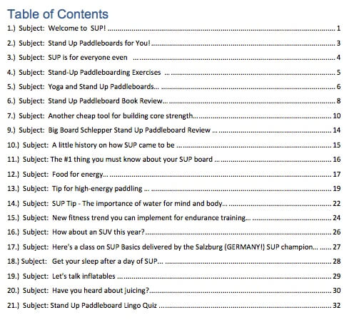 Paddleboard PLR Table of Contents