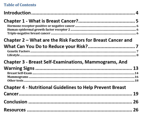 Breast Cancer Prevention PLR eBook Contents