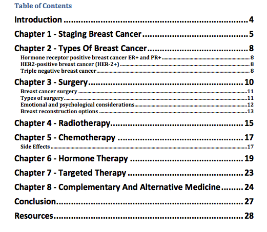 Breast Cancer Treatments PLR eBook Contents