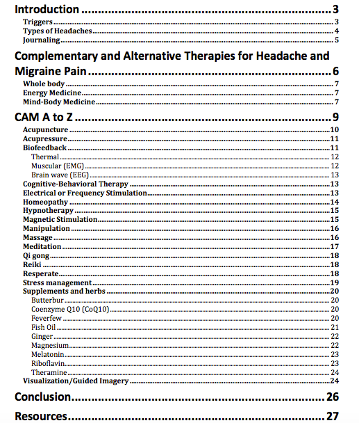 Alternative Treatments For Migraines and Headaches PLR eBook Contents