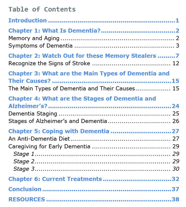 Dementia PLR eBook Contents