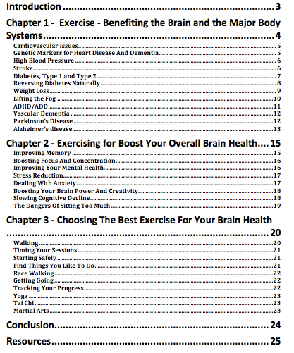 Exercise For The Body and Brain PLR eBook table of Contents