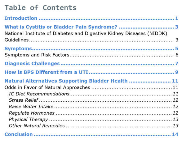 Natural Treatments For Bladder Pain PLR eBook Contents