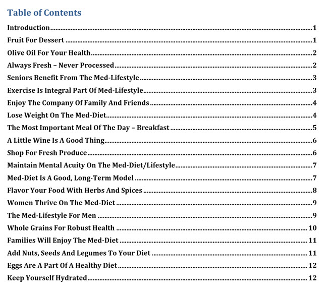 Mediterranean Diet PLR Success Tips Table of Contents