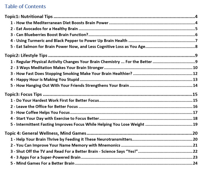 Brain Health PLR eBook Table of Contents