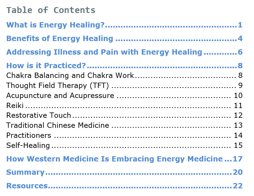 Energy Healing PLR eBook Table of Contents