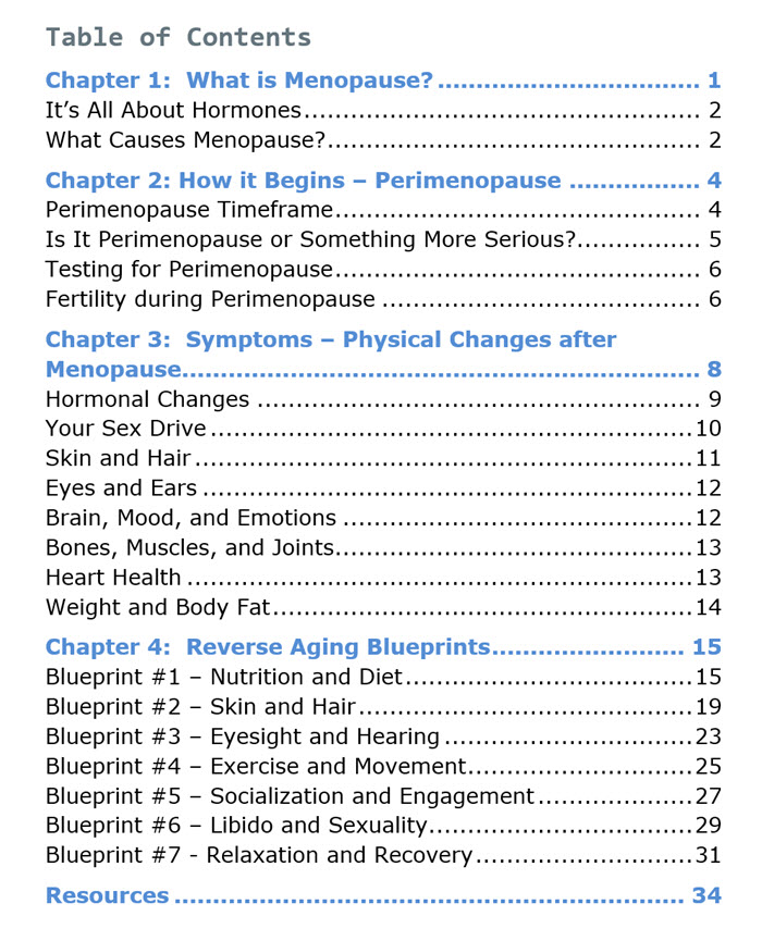 Menopause PLR eBook Table Of Contents