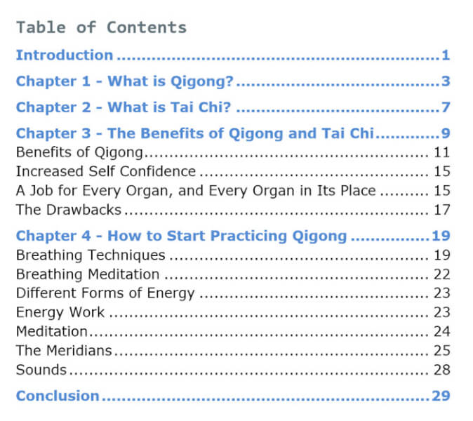 Qigong and Tai Chi PLR eBook Table Of Contents