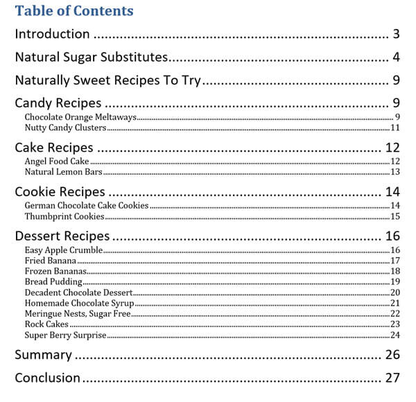 Alternative Baking - Natural Sugar Substitutes PLR eBook Contents